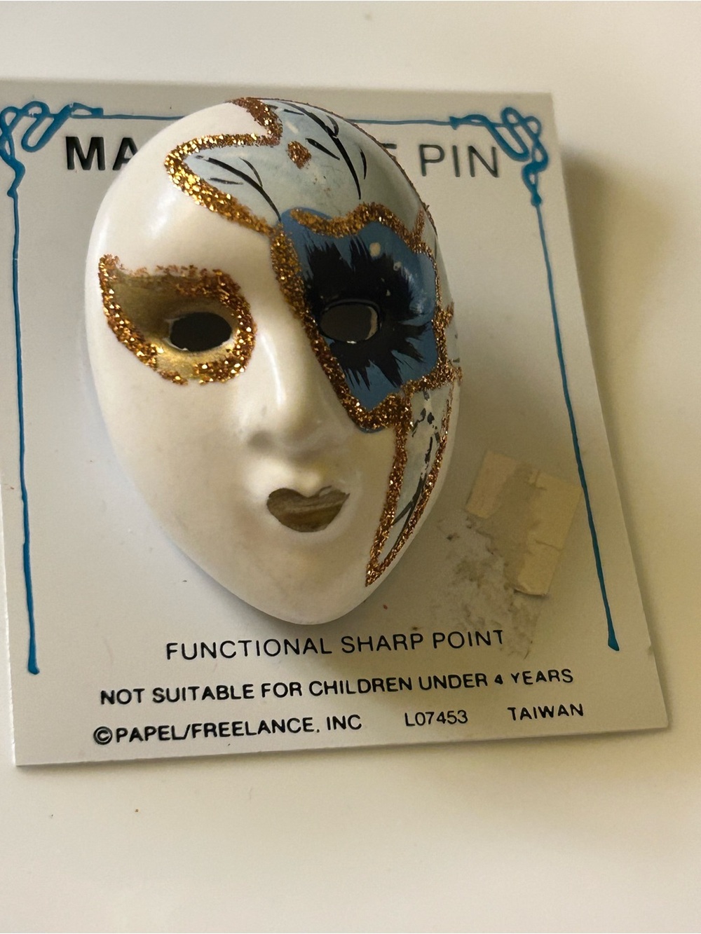 Decorative Venetian Mask Pin - White with Gold & Blue Accents Taiwan